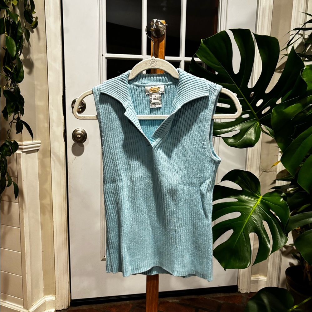 Talbots Light Blue Ribbed Sleeveless Collared Top | 100% Cotton